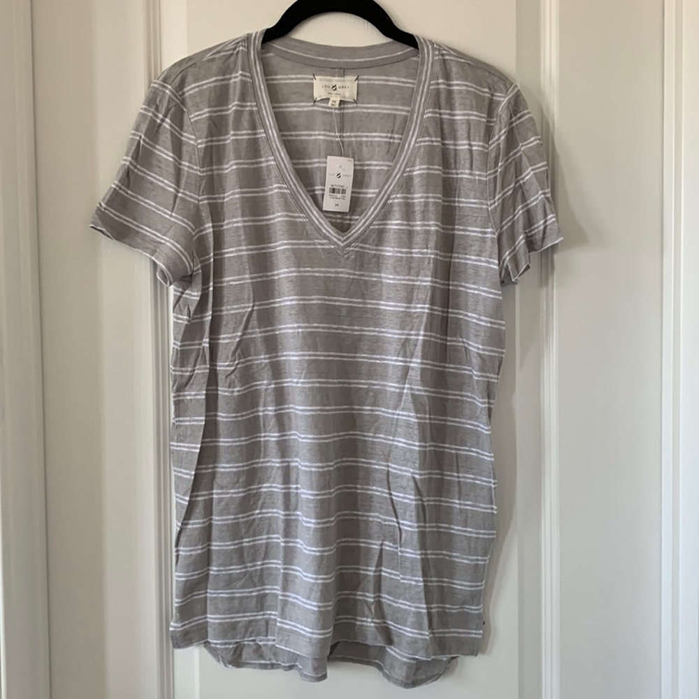 NWT LOU & GREY White And Gray Stripes 100% Linen V-neck Short Sleeves Top Size M - Picture 1 of 15